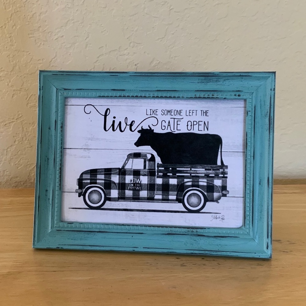 Farmhouse Cow and truck picture 5x7 w/frame